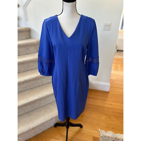 NWOT Talbots Cobalt Blue Blouson Sleeve Lace Knee Length Career Sheath Dress - Picture 2 of 9